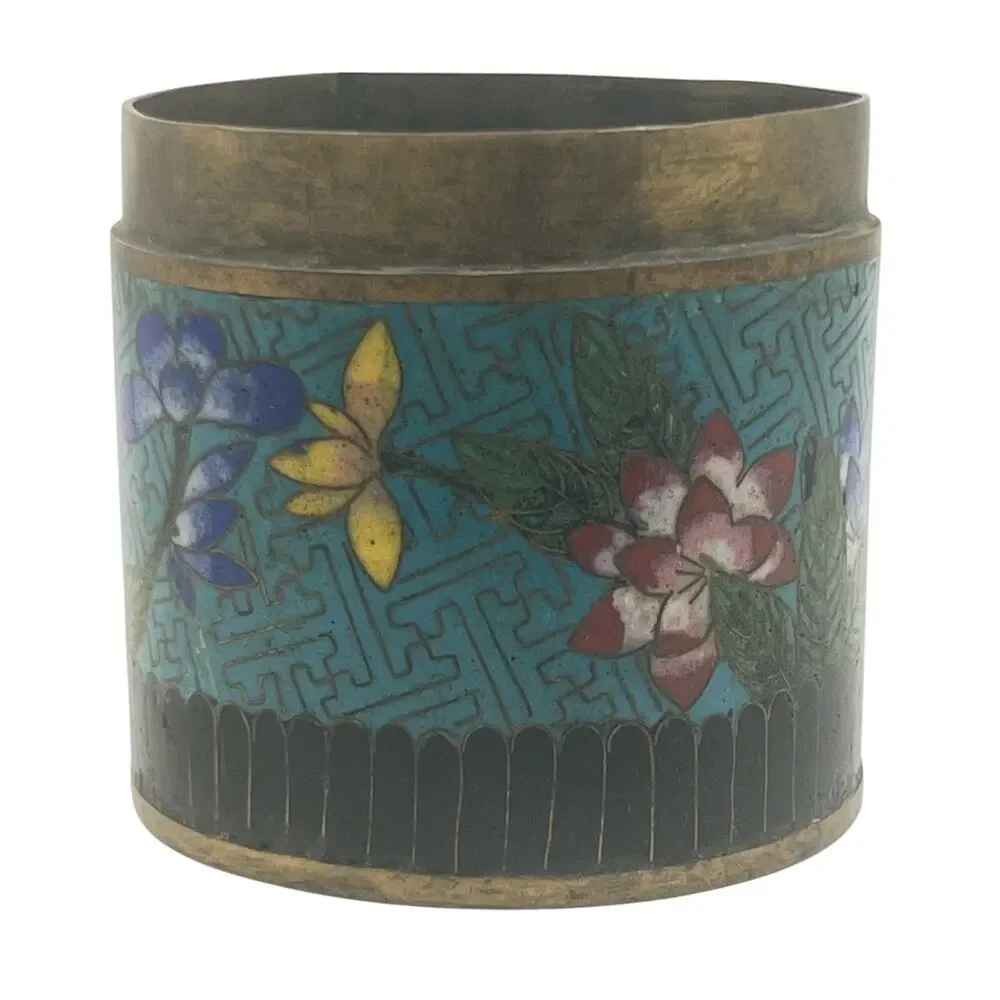 Pair of Antique Cloissone Enamel on Brass Floral Jars No Lids 19th Century